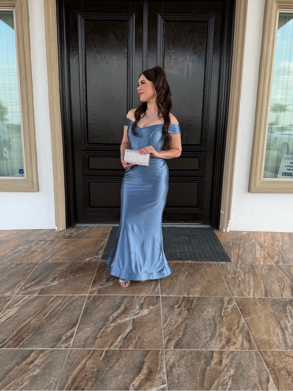David's Bridal Strapless Off-Shoulder Satin Gown in Slate Blue - Picture 2 of 2